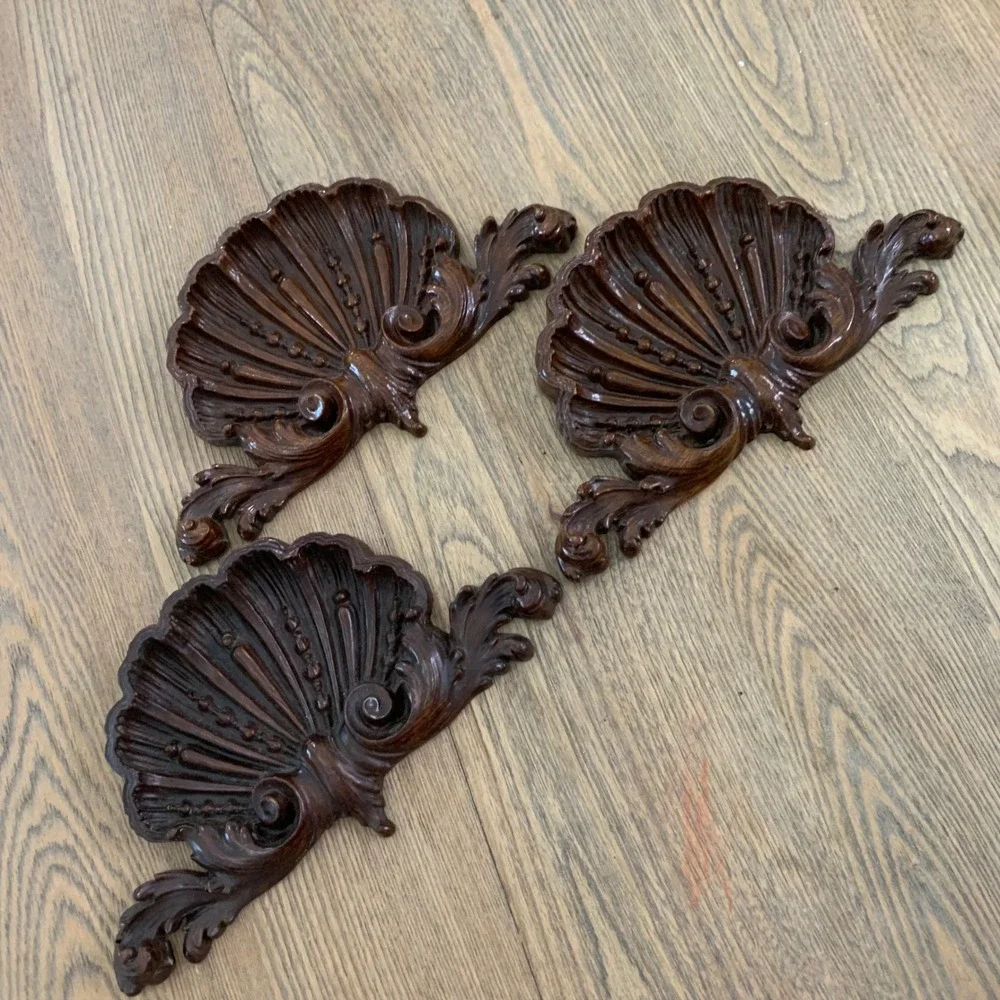 Set of 3 Vintage Faux Wood Shell Wall Plaques Rococo Scallop Ornate Brown Decor